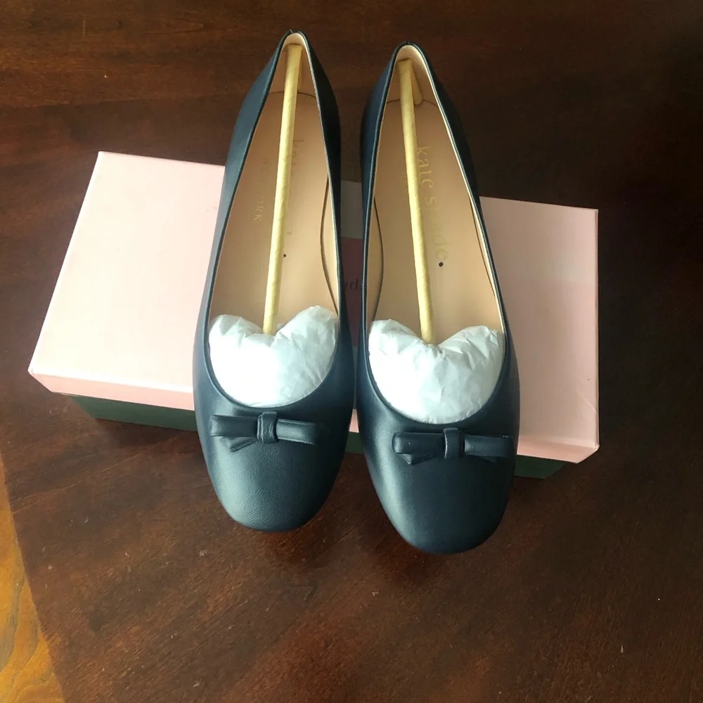NEW Kate Spade Kiersten Bow Leather Navy Round Toe Ballet Flats Shoes Size 9